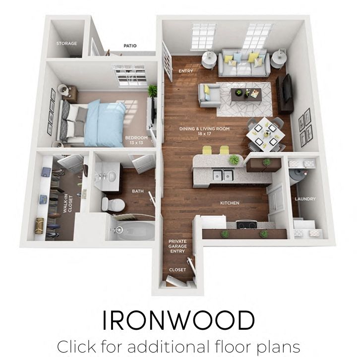 Floor plan for 1 bed, 1 bath, 743 sqft